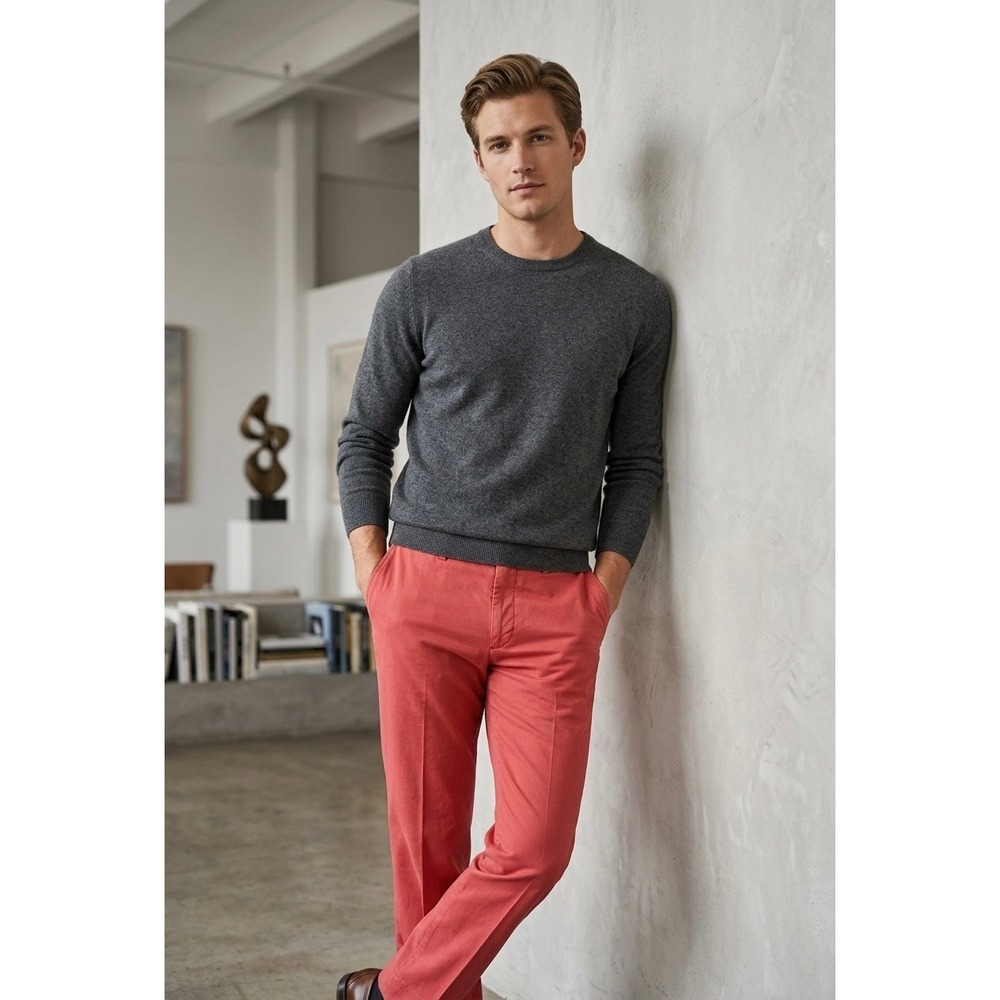 Incotex Mens Coral Red Cotton Linen Blend Straight Leg Trousers Pants